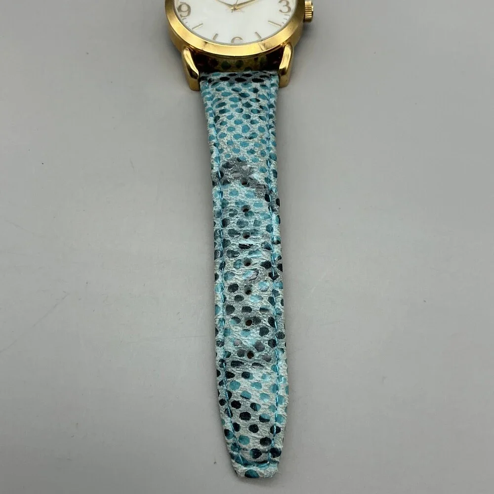 Anne Klein Womens Watch 40mm MOP Dial Gold Tone Blue Leather New Battery